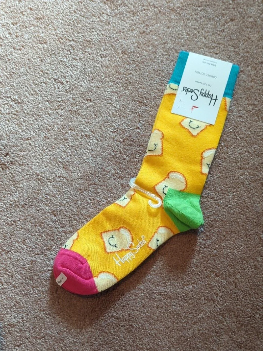 Happy Socks  Yellow Toast Crew Socks with Pink, Green & Blue Accents